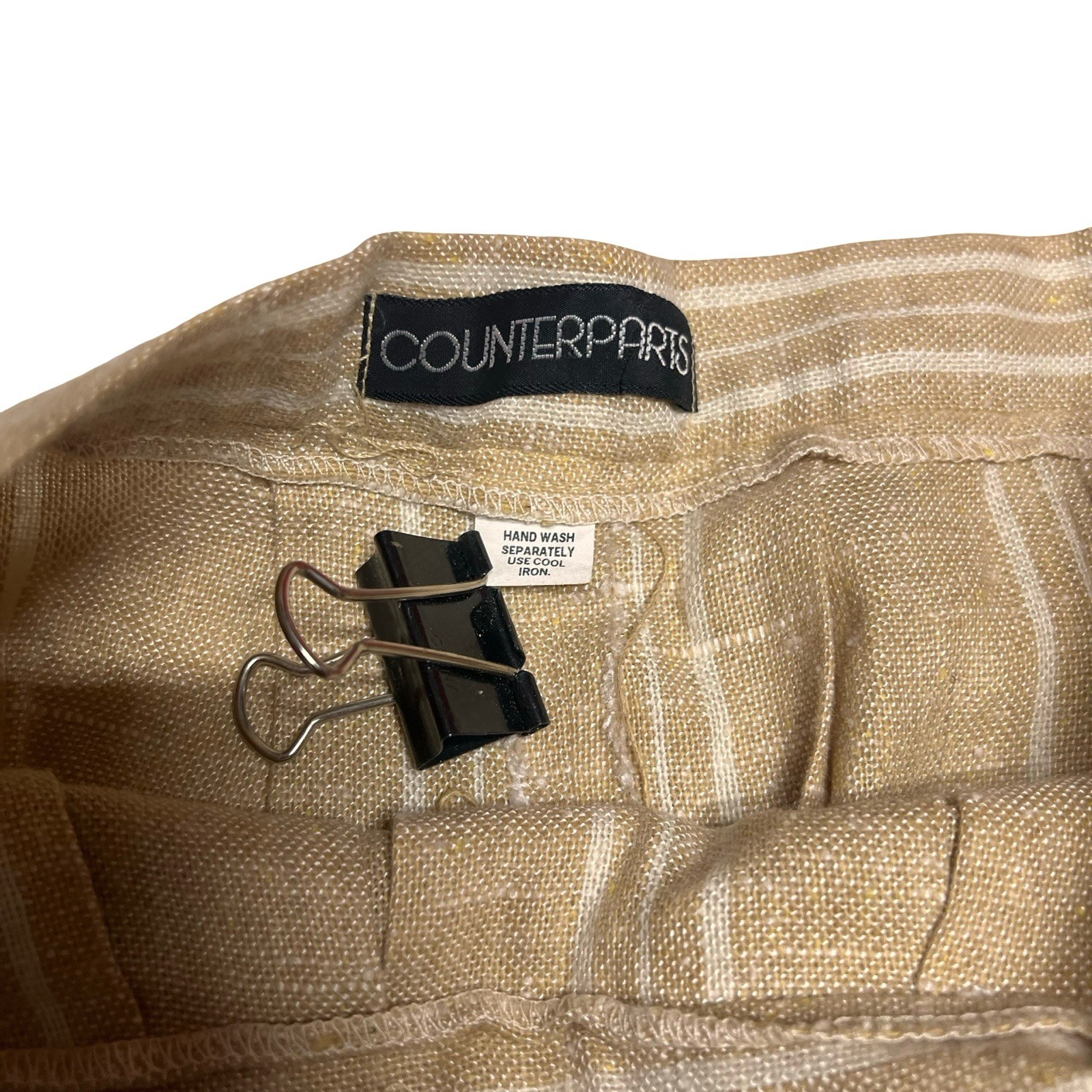 Vintage 70s Counterparts Tan & White Striped Linen Blend Tuck Pleat Skirt Sz S