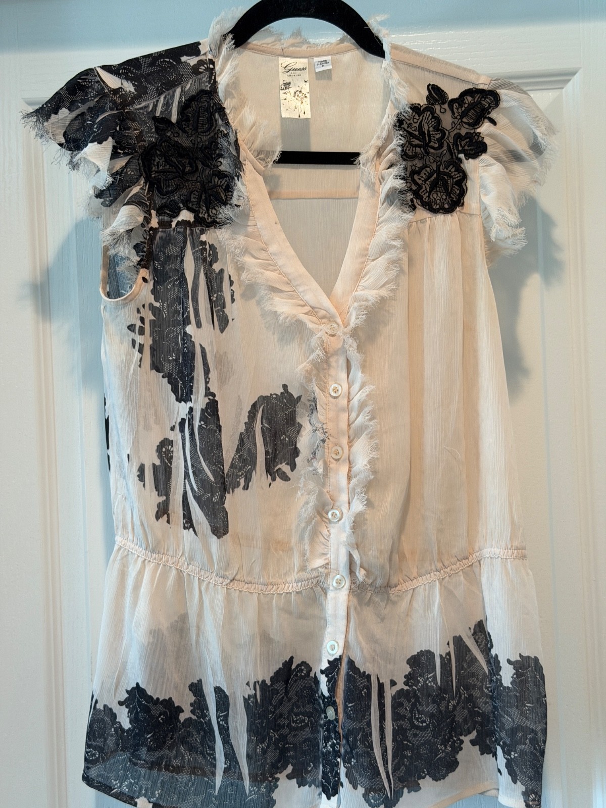 Vintage Guess Romantic Lace Blouse Sleeveless Sheer Top Blush Black Whimsy M