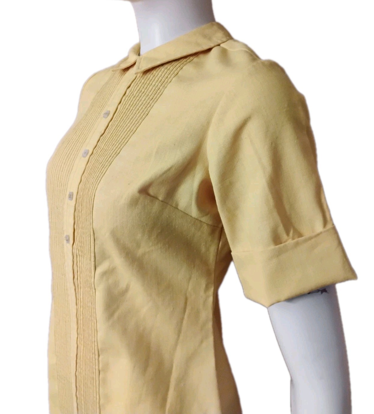 VTG 1970’s „the Art Shirt” Yellow Linen Pleated Ribbed Front Shirt Dress 9-10