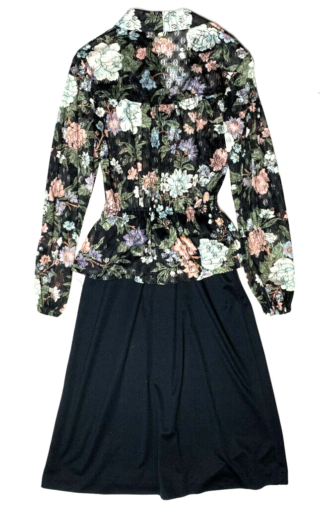 Vintage 1970s Roe Frocks Lace Dress Peplum Floral Print Midi Long Black Retro