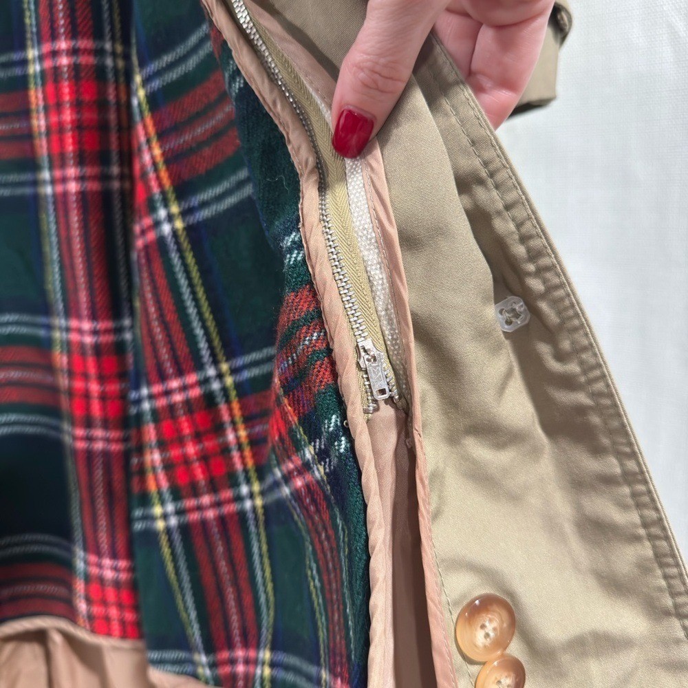 Vintage Khaki Trench Coat with Removable Plaid Liner Tan Belted Overcoat Size 8