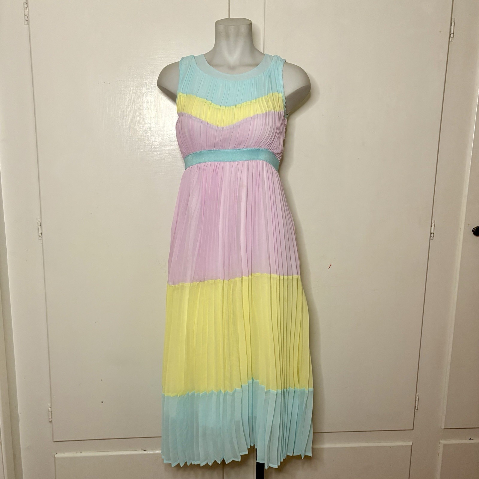 Vintage 80s Blue Yellow Pink Pastel Striped Pleated Empire Waist Dress