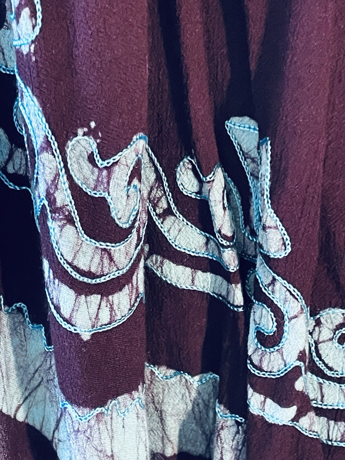 Vintage Deep Plum & Teal Batik Embroidery Crinkle Rayon Ethnic Hippie Top