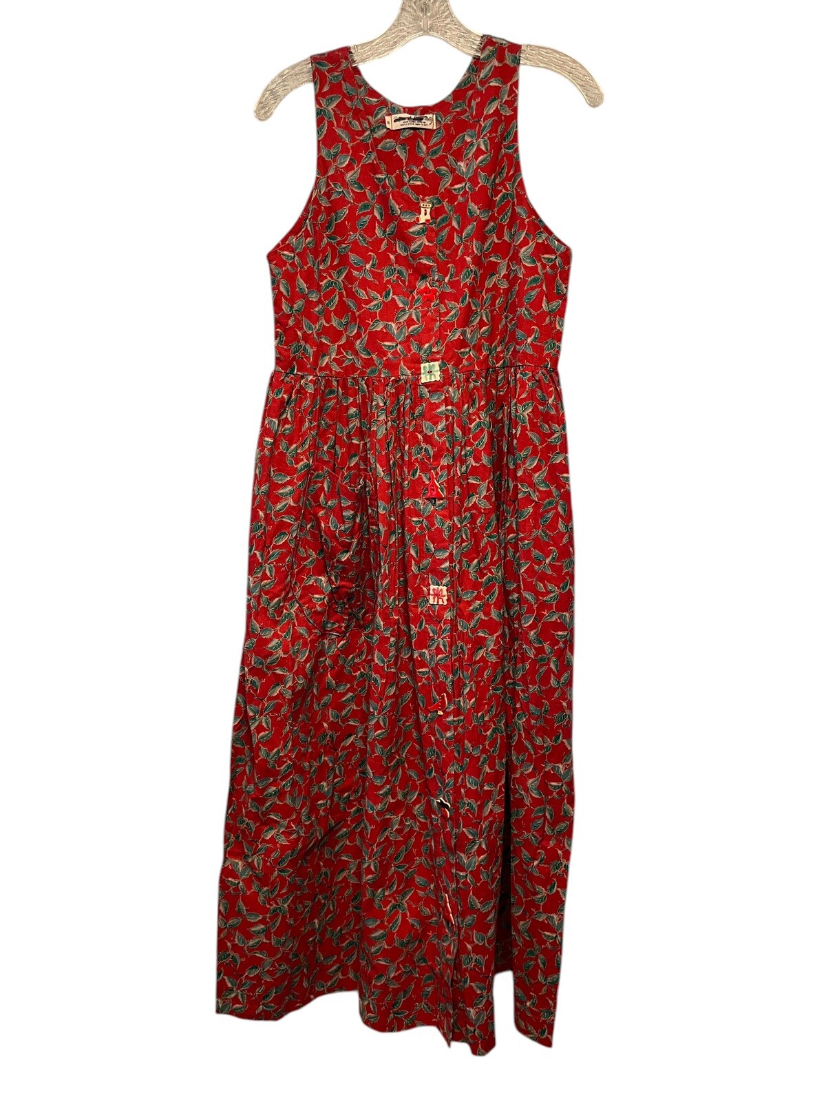 Vtg Dogwood Lane Dress S Holiday Red Green Leaves Fun Ceramic Buttons Festive