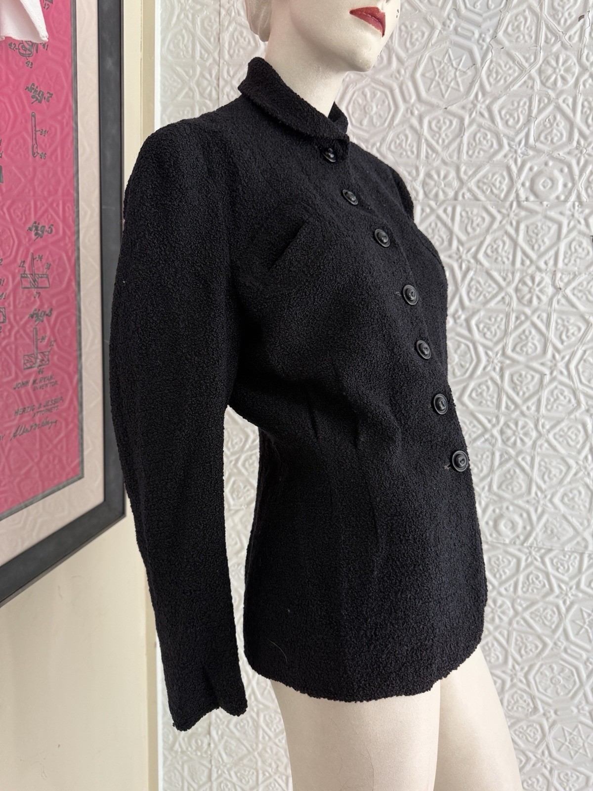 Vintage 1940s women’s black wool boucle jacket-Tailored gothic vamp Antique Fall