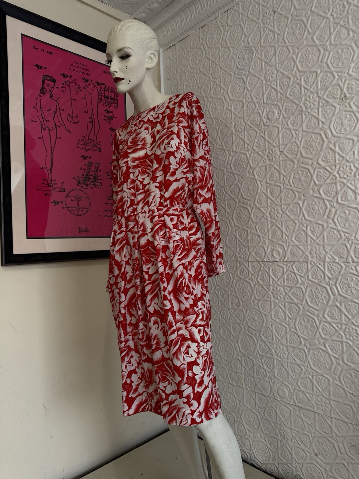 Vintage Dress 1980s Rose Print-romantic-Red-white-Daydress-floral-Small/medium