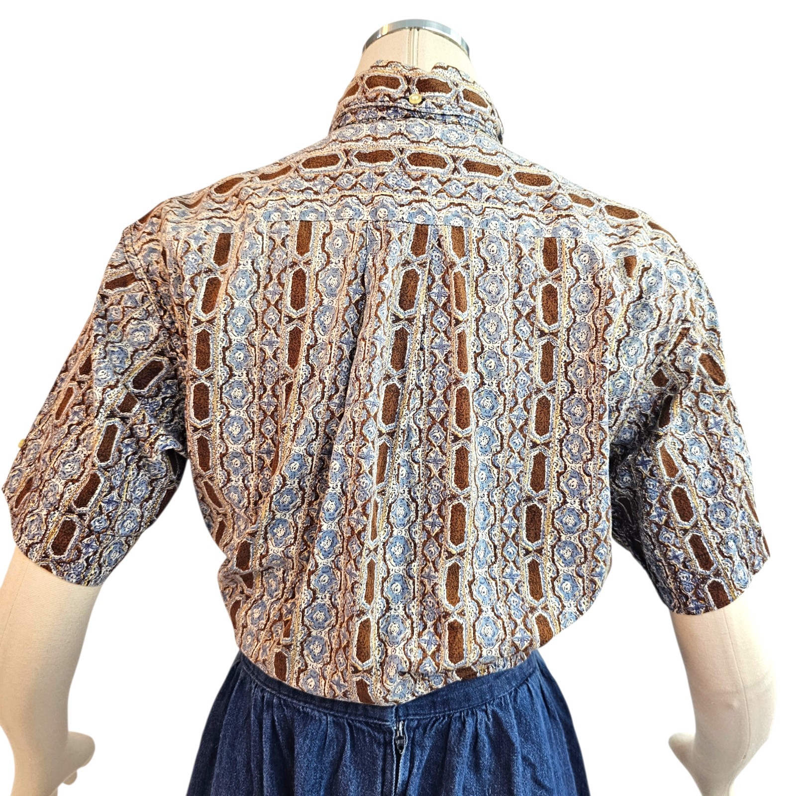 Vintage 1970s Blue Brown Pattern Short Sleeve Button Down Collared Retro Disco