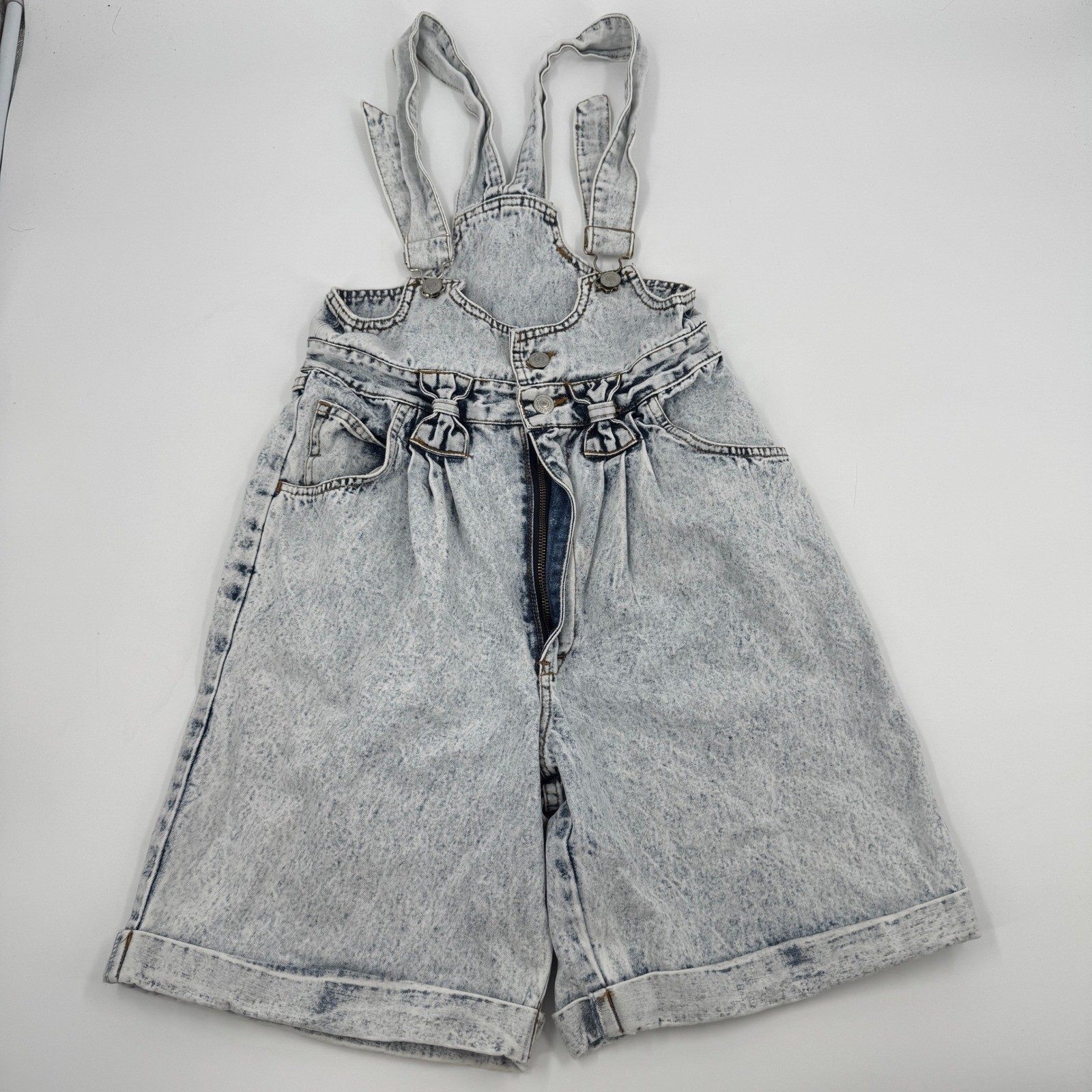 Jordache Denim Overalls Womens 9/10 Blue Acid Wash Pleated Bow Vintage Shortalls