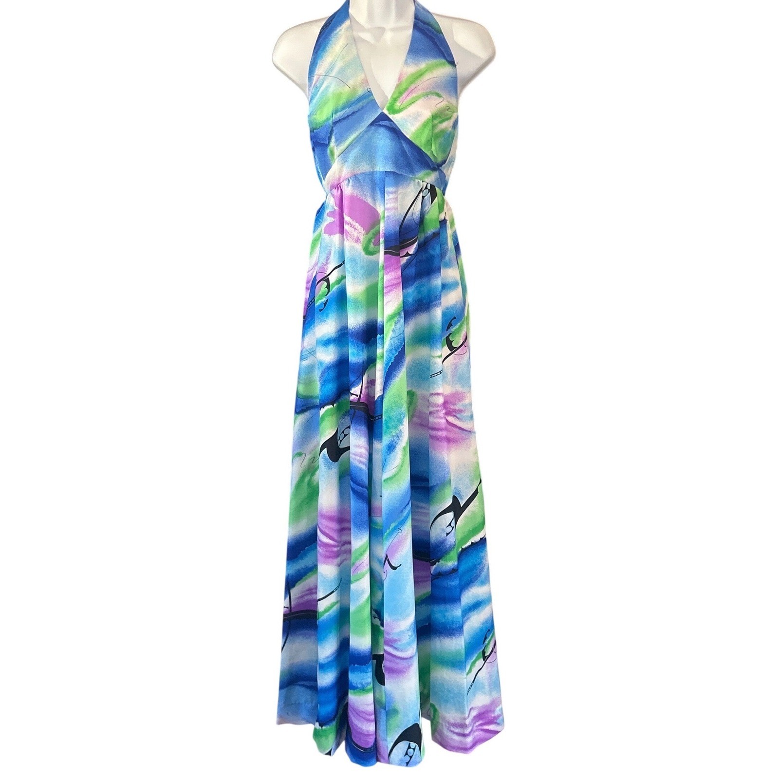Vintage 70s Hukilau Fashions Maxi Dress Psychedelic Tropical Bohemian Abstract