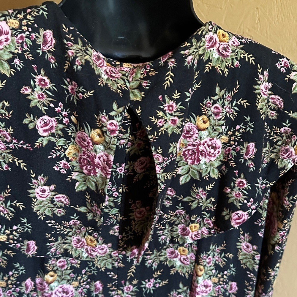Black Floral Maxi Dress with White Lace Accents, Vintage Sarah Richards Plus 20