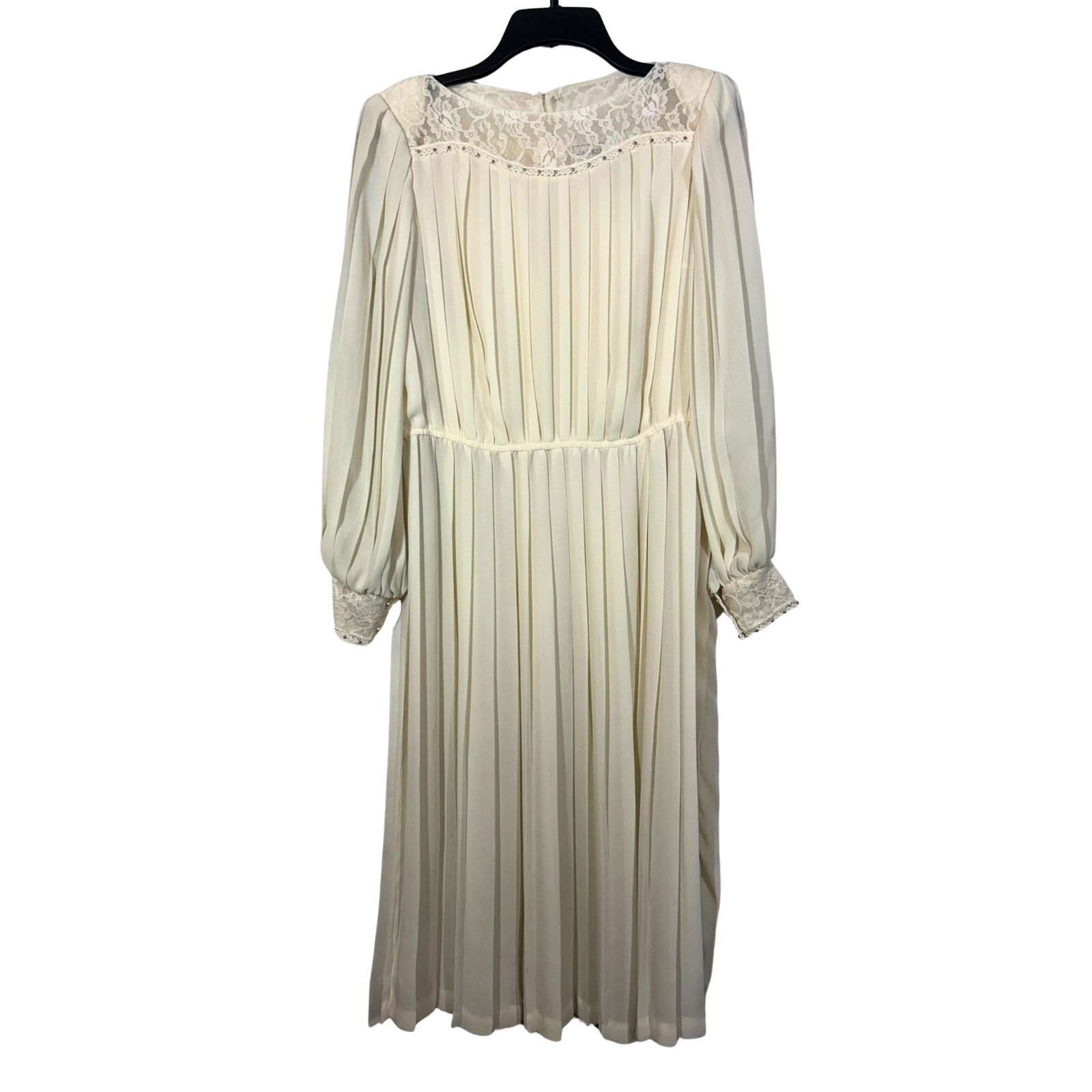 White Pleated Dress Lace Beads Victorian Cottagecore Boho 70s USA Union Made