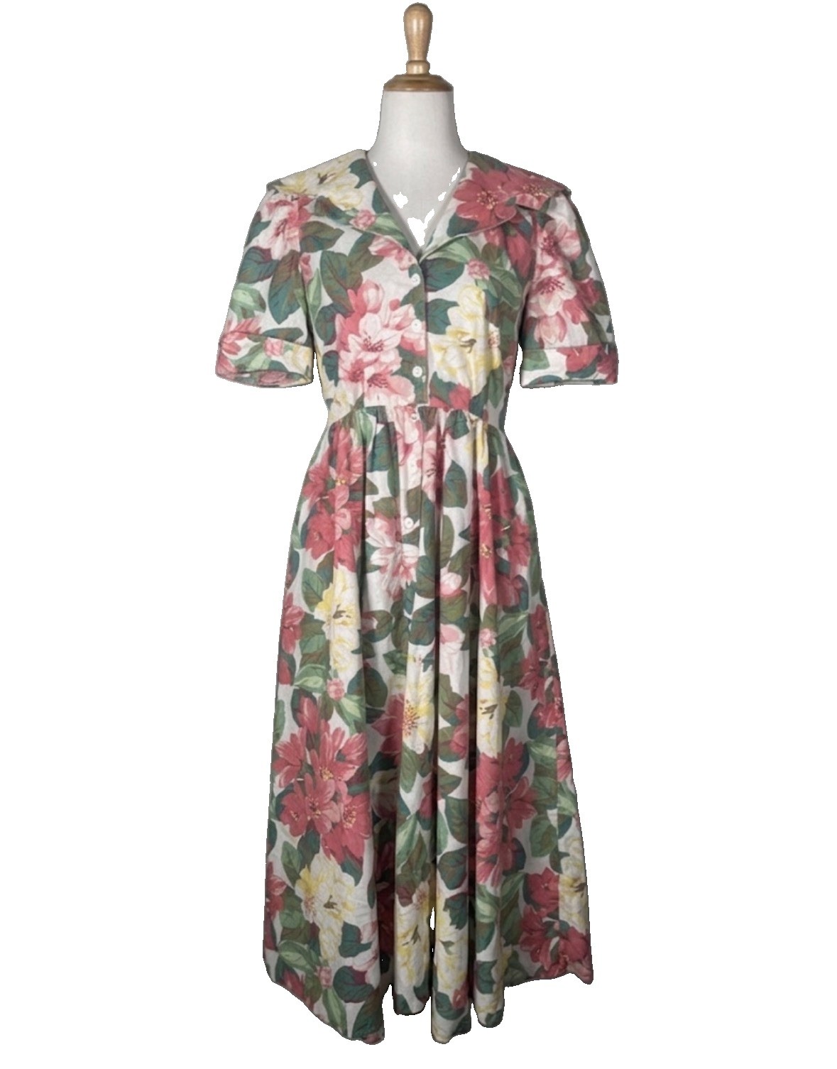 Vtg 80s Floral Print Midi Dress Collar Floral Cotton Carol Anderson Small 5/6