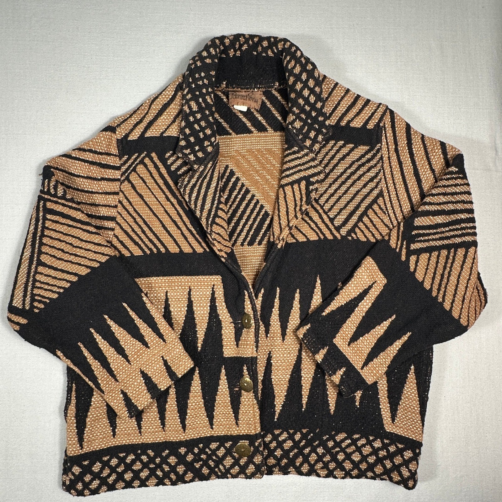 Vintage Painted Pony Southwestern Tapestry Knit Sweater Jacket Brown Black L