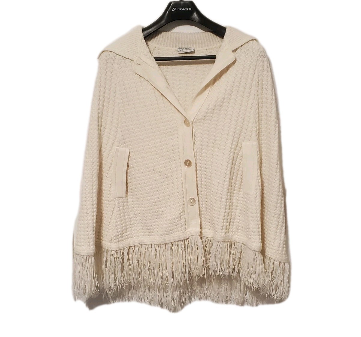 Vintage 1970s Cream Knit Sweater Shaw Cape Fringe Button Front Julie Knitwear