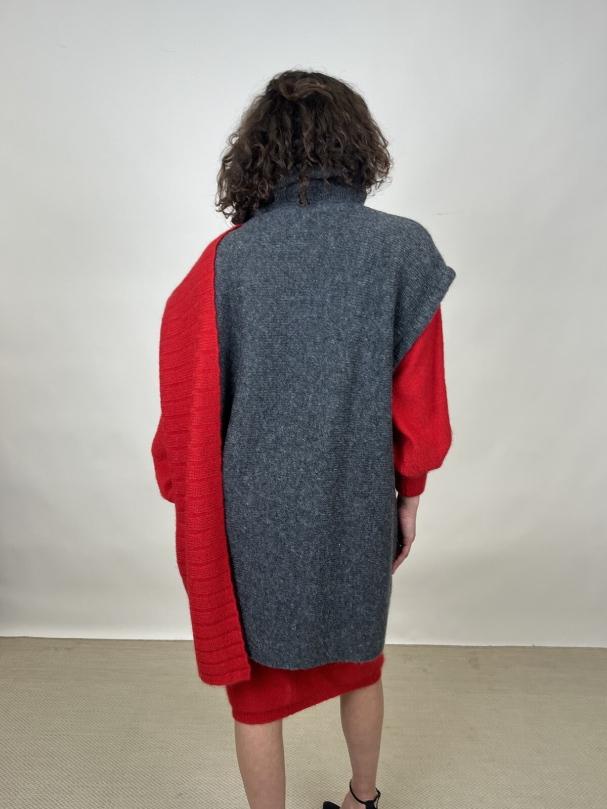 Vintage 1980s Karl Lagerfeld for Chloe Sweater Dress & Poncho Red Gray Designer