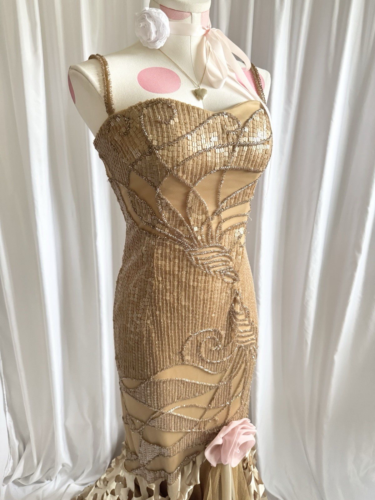 Vintage Gold Fairy Beaded Sequin Ruffle Mesh Vacation Princess Formal Gown Dress