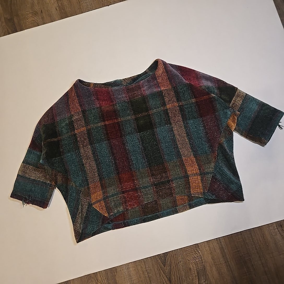 VTG Womens L Boxy Woven Plaid Top Multicolor Boat Neck Dolman Sleeve Distressed