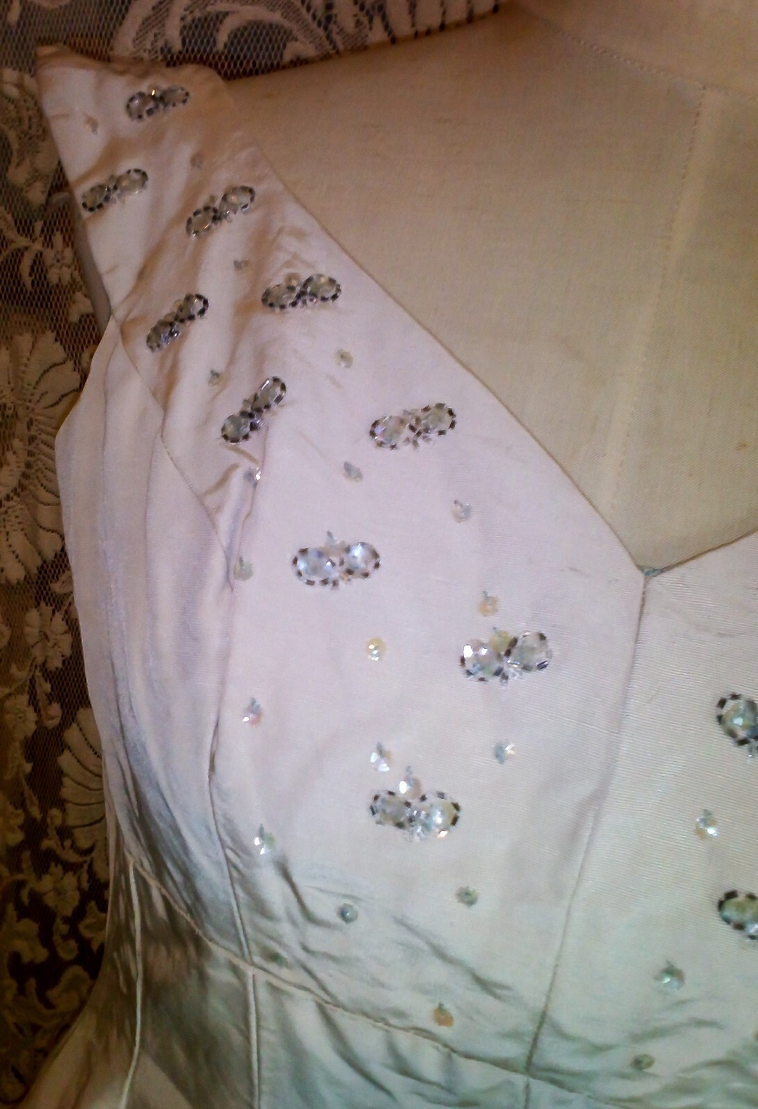VTG 1950s Cocktail Dress Faille Fit To Flair w/ Full Circle Skirt Beaded Top XXS