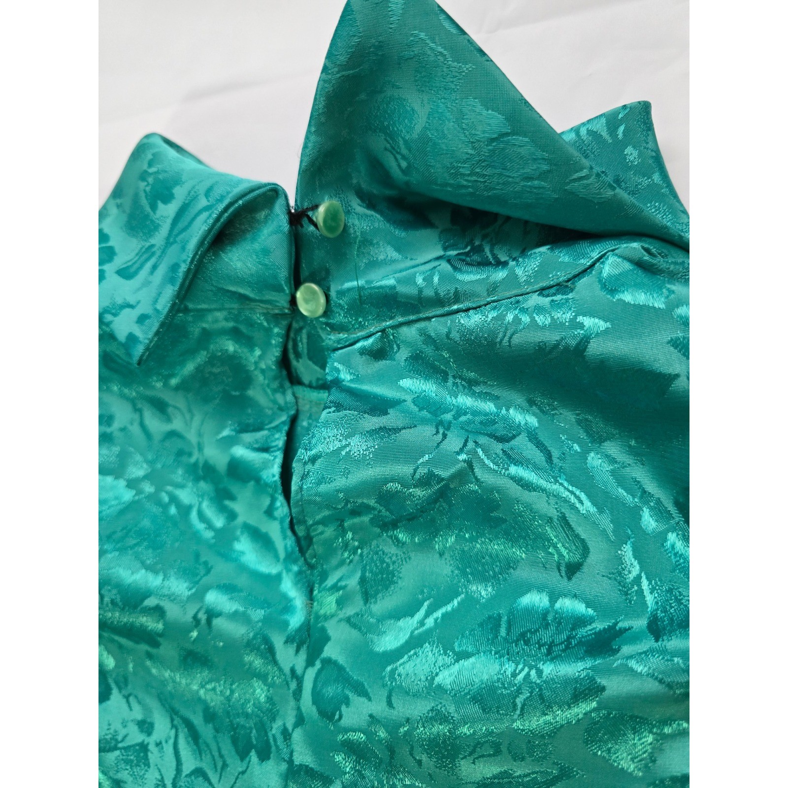 Cindy Collins Vintage Emerald Green Floral Jacquard Mock Neck Blouse Large USA