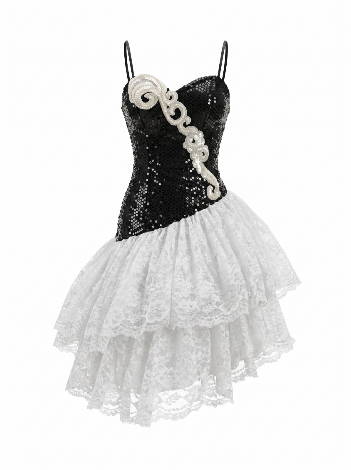 Pop Glam 1980’s Loralie Original White Lace Black Sequin Tulle Dress Vintage