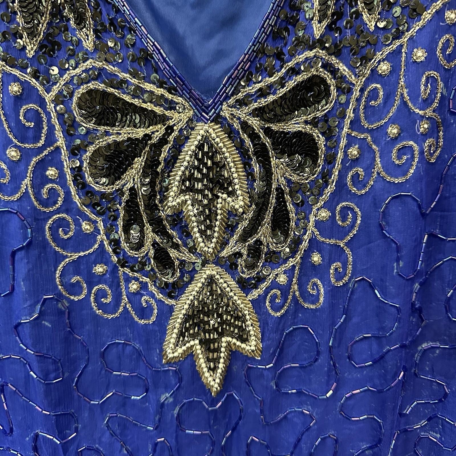 Vintage 80s Royal Feelings Beaded Sequin Party Blouse Silk Rayon Blue Black FLAW