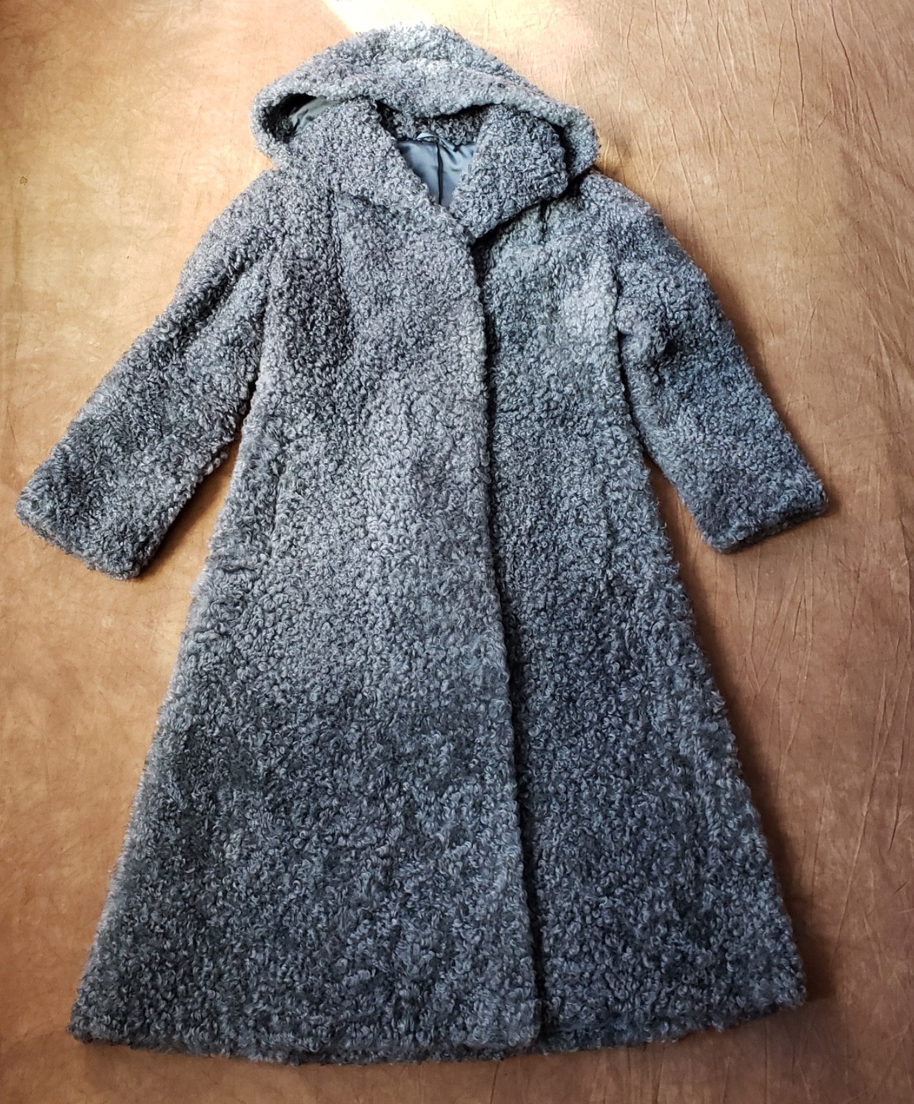 Vintage 50s Gray Greige Curly Viking Lamb Hooded Coat L EUC RARE