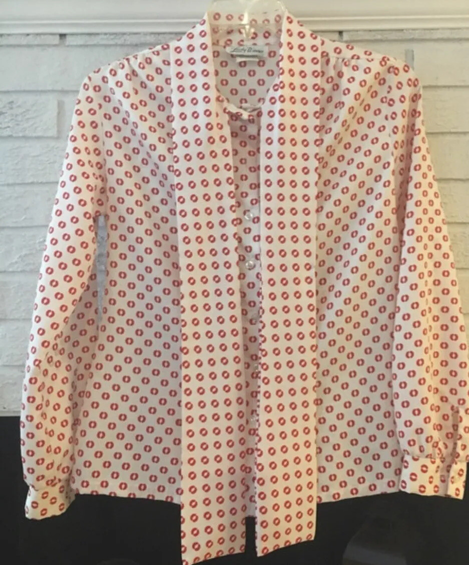 Vintage Lucky Winner Blouse Top Attached Skinny Tie Scarf White Red Design M