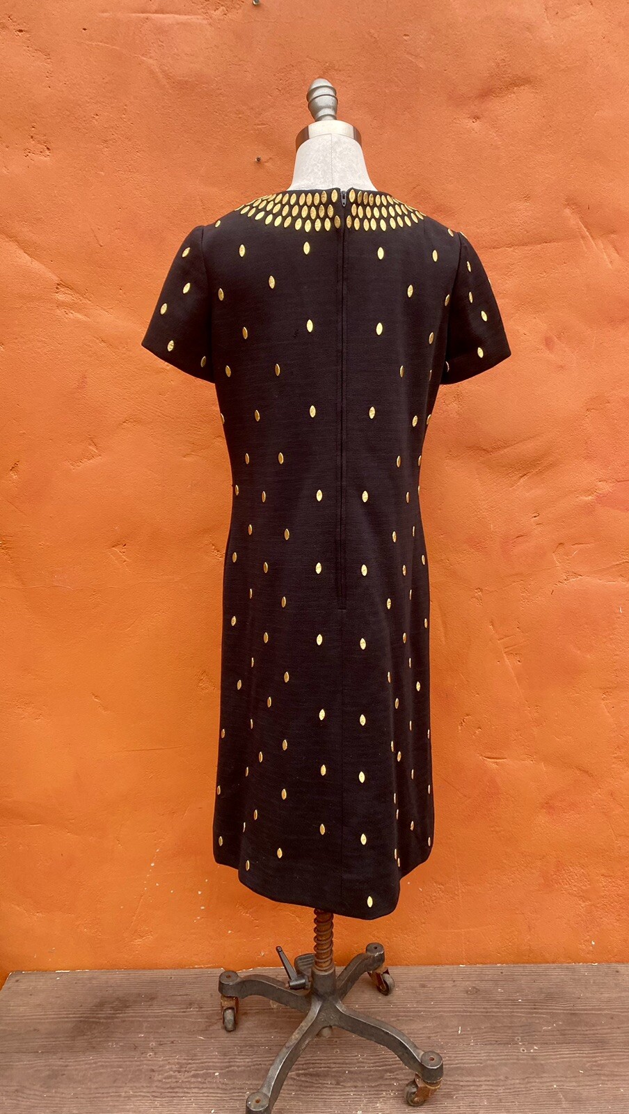 Vintage 1960s Mod Wool Sheath Dress Black Gold Metal Beaded Carlye pockets
