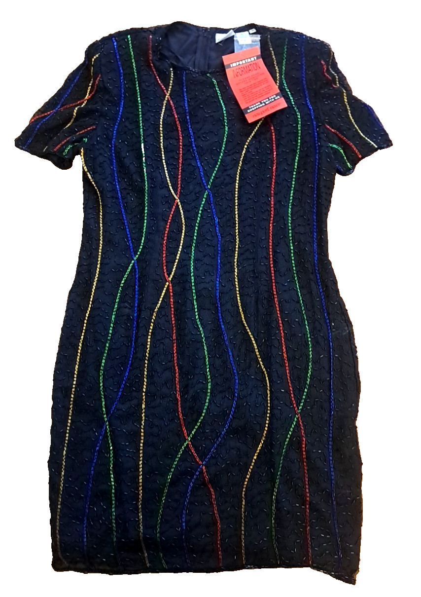 NEW Vintage Seqin Dress Black Silk Sheath NewPort News 1980s Glam NWT 20