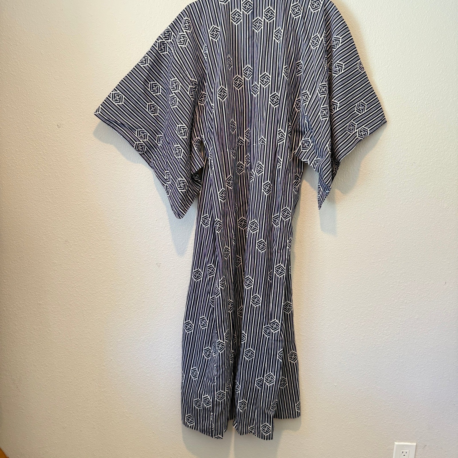 Vintage Japanese Yukata Robe Navy Blue White Geometric Striped Cotton with Sash
