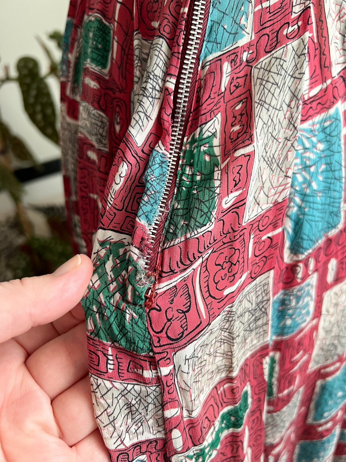 Vintage 40s Dress 1940s Red Colorful Geometric Swing Dance Rayon