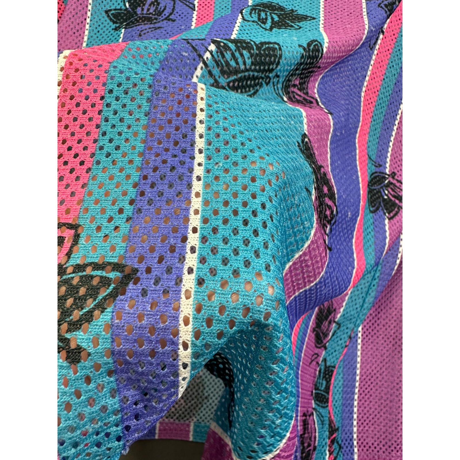 Vintage Julie Girl Mesh Butterfly Stripe V-Neck Top Made in USA Retro 90s Teal