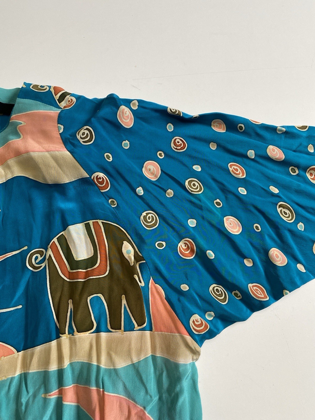 Vintage Silk Scapes M Hand Dyed 100% Silk Blouse Drop Waist Elephants