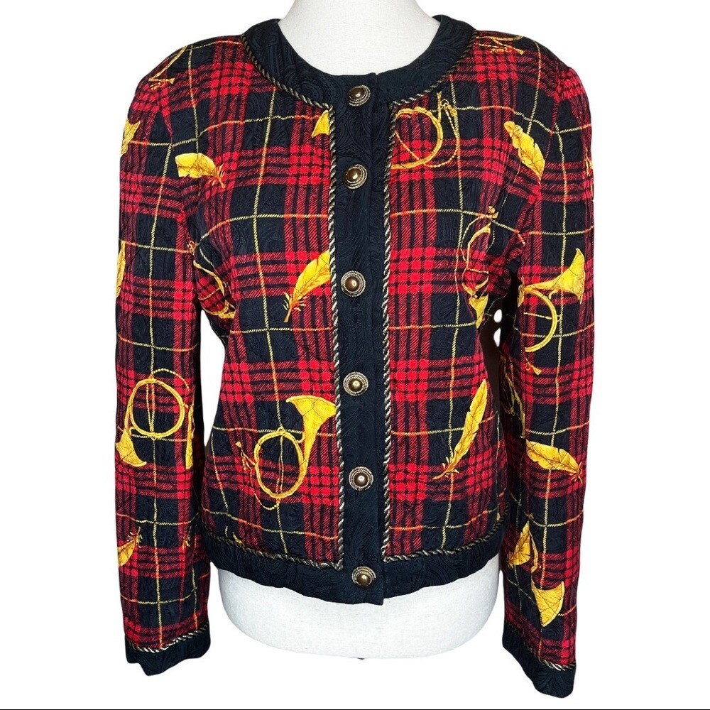 Adriana Papell Vintage 90s Silk Quilted Plaid Baroque Jacket