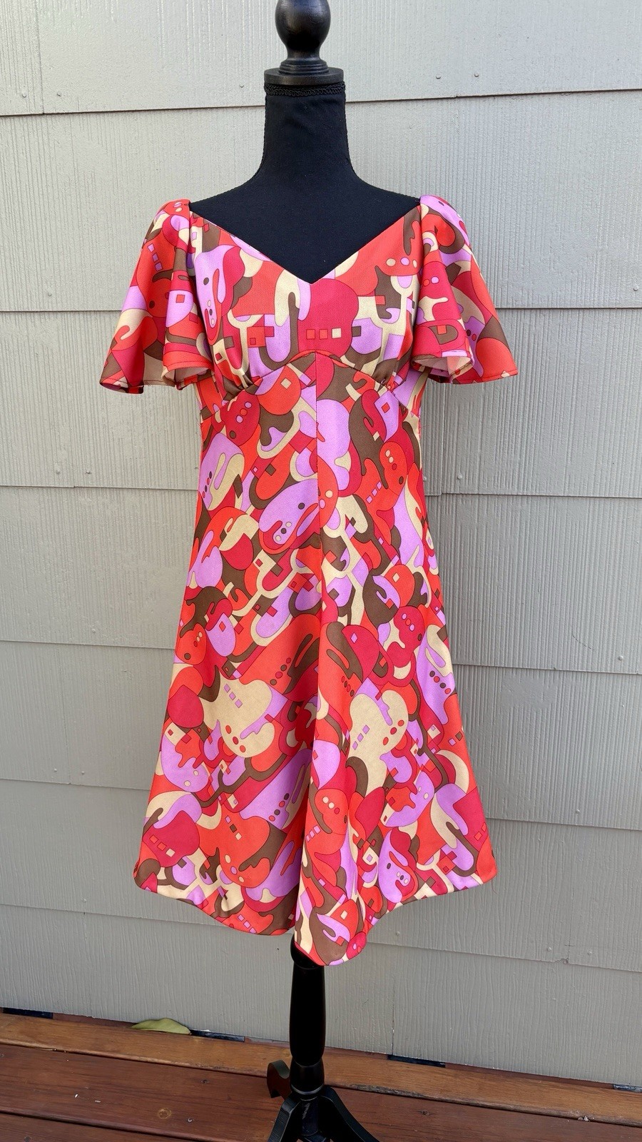 vtg 60s Colorful Geometric Print Flounce Sleeve Psychedelic A-Line Swing Dress