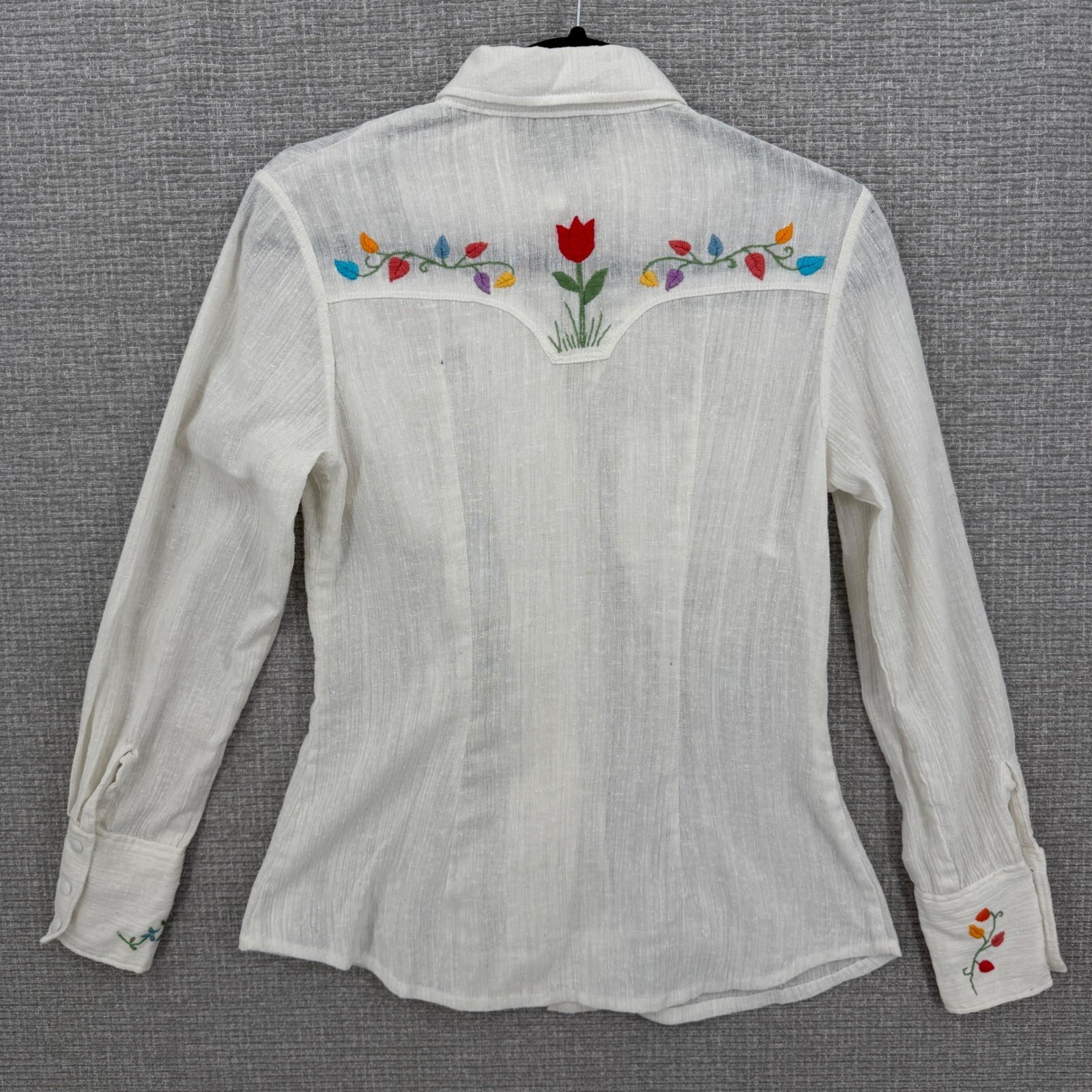 Vintage 70’s Hand Embroidered Western Button Up Shirt Women M White Cottage Boho