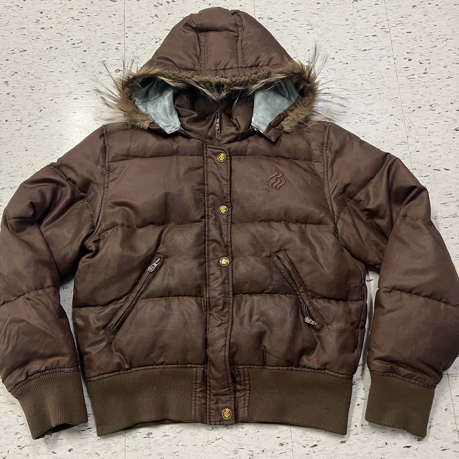 Rocawear Y2K Vintage Down Puffer Jacket Coat Fur Hood Logo Women’s XL Hip Hop