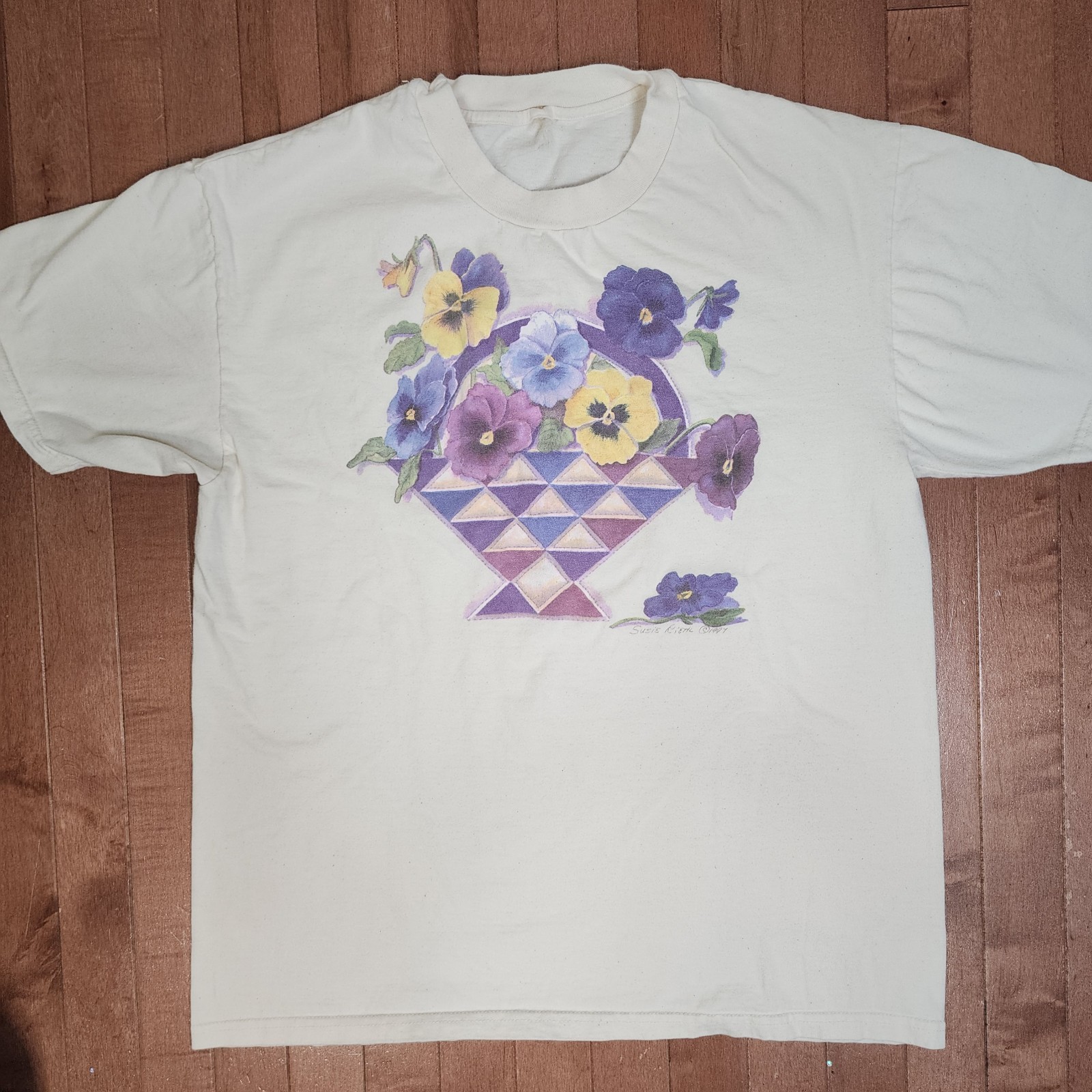 Vintage 1997 T Shirt PA Dutch Amish Artist Susie Riehl Pansy Floral Size XL