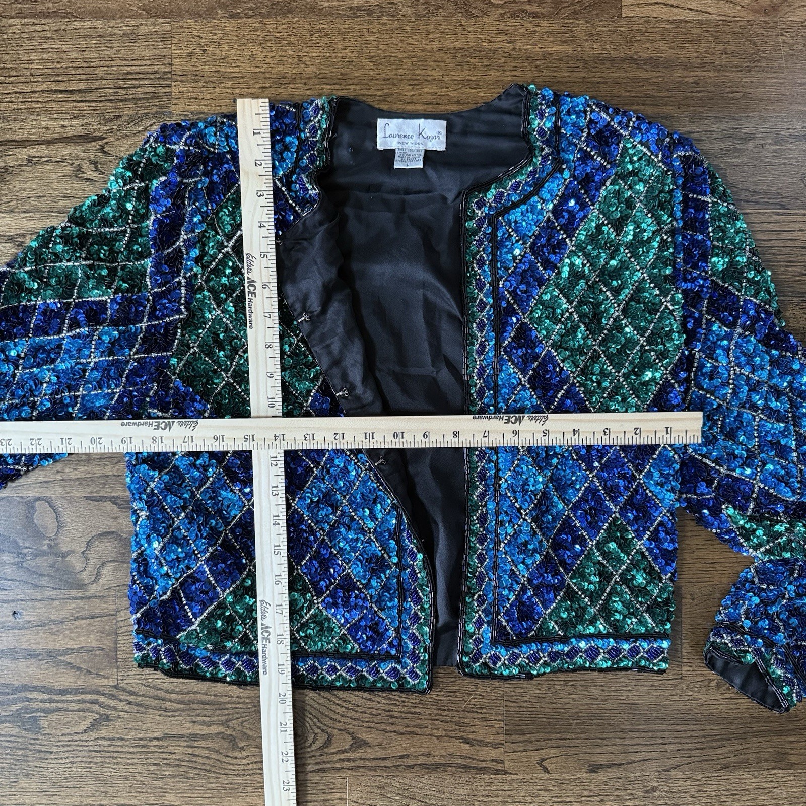 Vintage Lawrence Kazar Sequin Beaded Silk Jacket Blue Green Argyle Cropped L