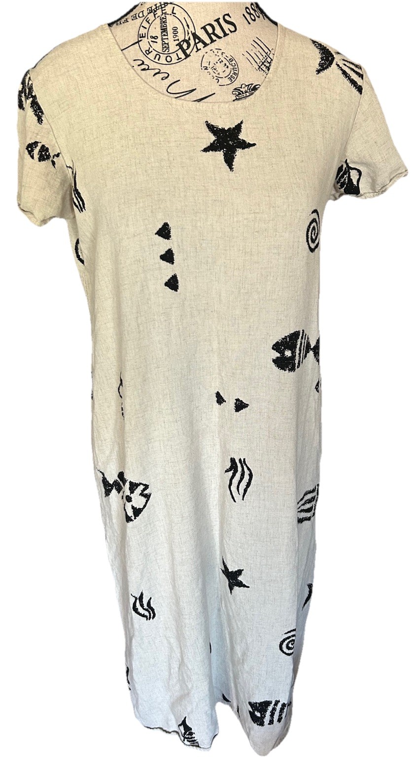 Women’s VTG S Connie Choi Tan Black Fish Print Tank Dress Coastal Beach USA 90s