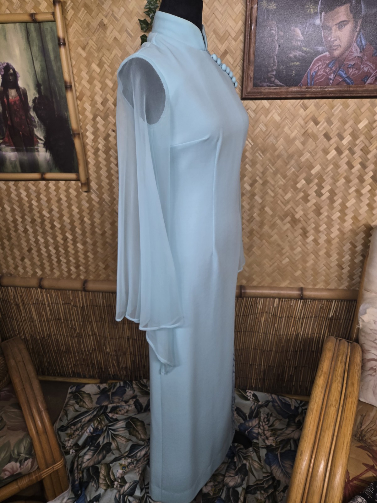 Vintage Shaheen Asian Inspired Hawaiian Aloha Dress In Rare Light Blue w1189