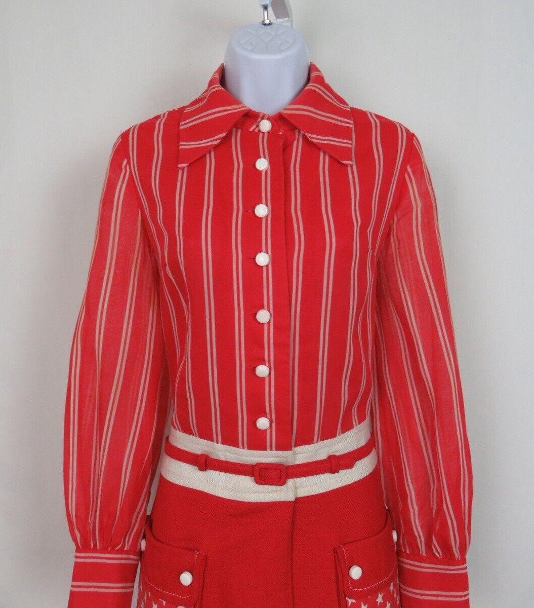 VTG 1950s HOWARD WOLF RED SHIRT DRESS WHITE STARS STRIPES BELT LINEN BLEND