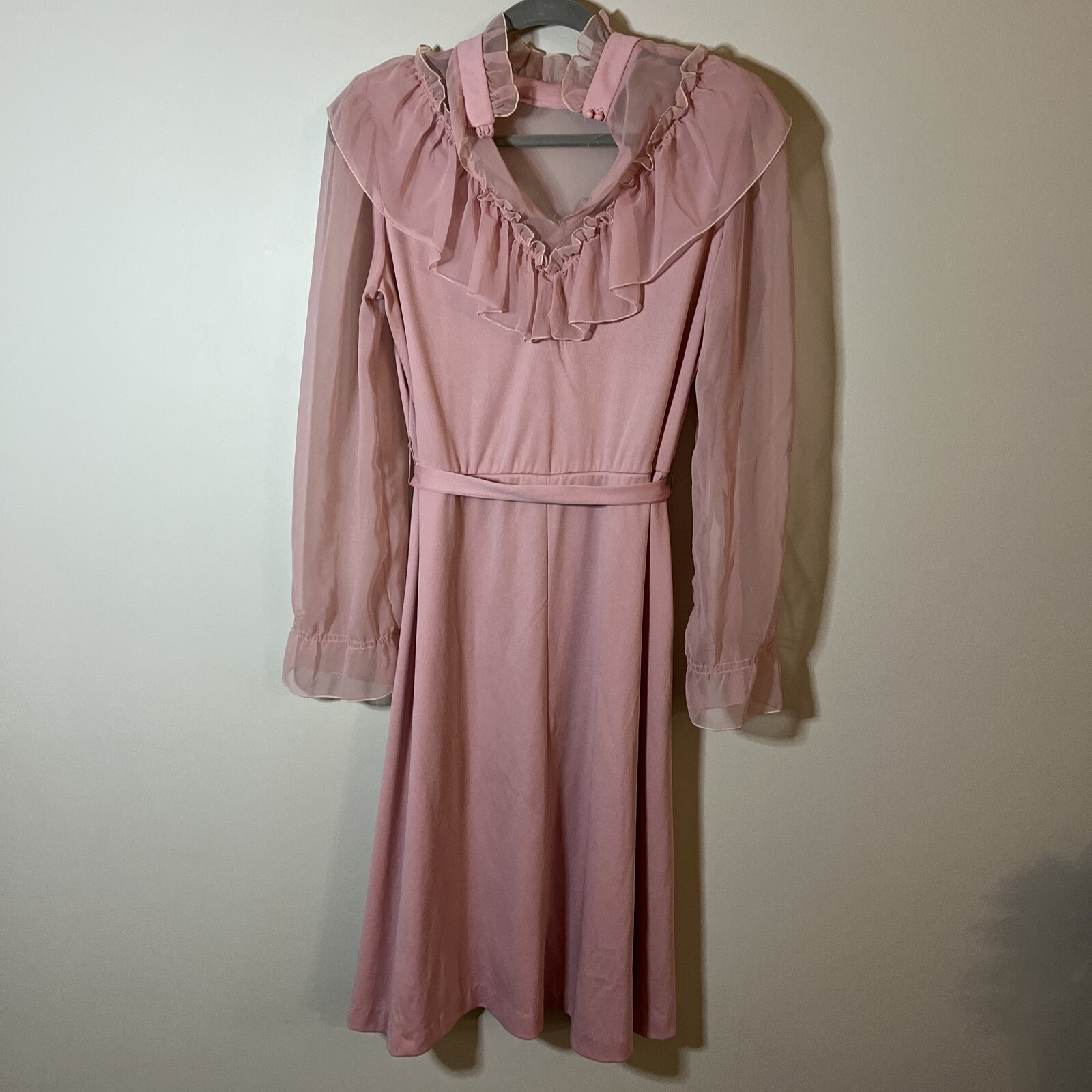 VTG 1970s Riccardo Pink Chiffon Ruffle Prairie Dress FLAWED