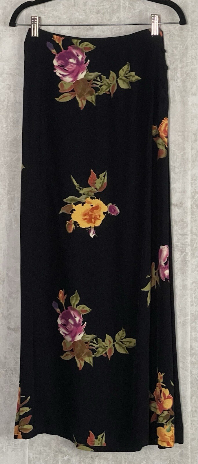 VTG Pamela.B Button Up Blouse/Side Button Blk Floral Maxi Skirt Set Size 6.