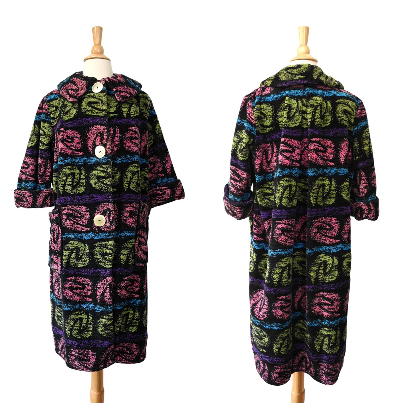 Vintage 60s MOD Terry Cloth Chenille Lime Green Pink Turquoise Coat