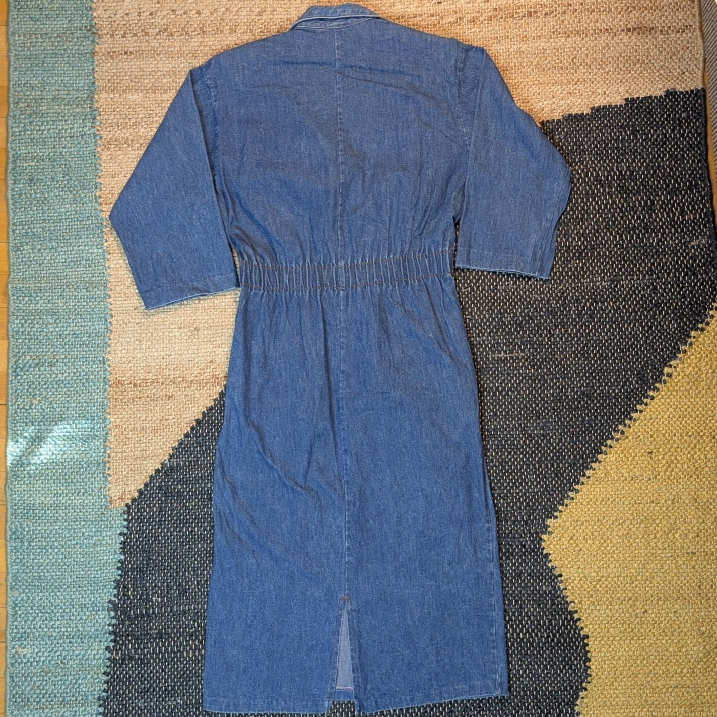 Vintage Ideas Denim Midi Dress Blue Wash 3/4 Sleeve Button Waist Size 9/10 80s