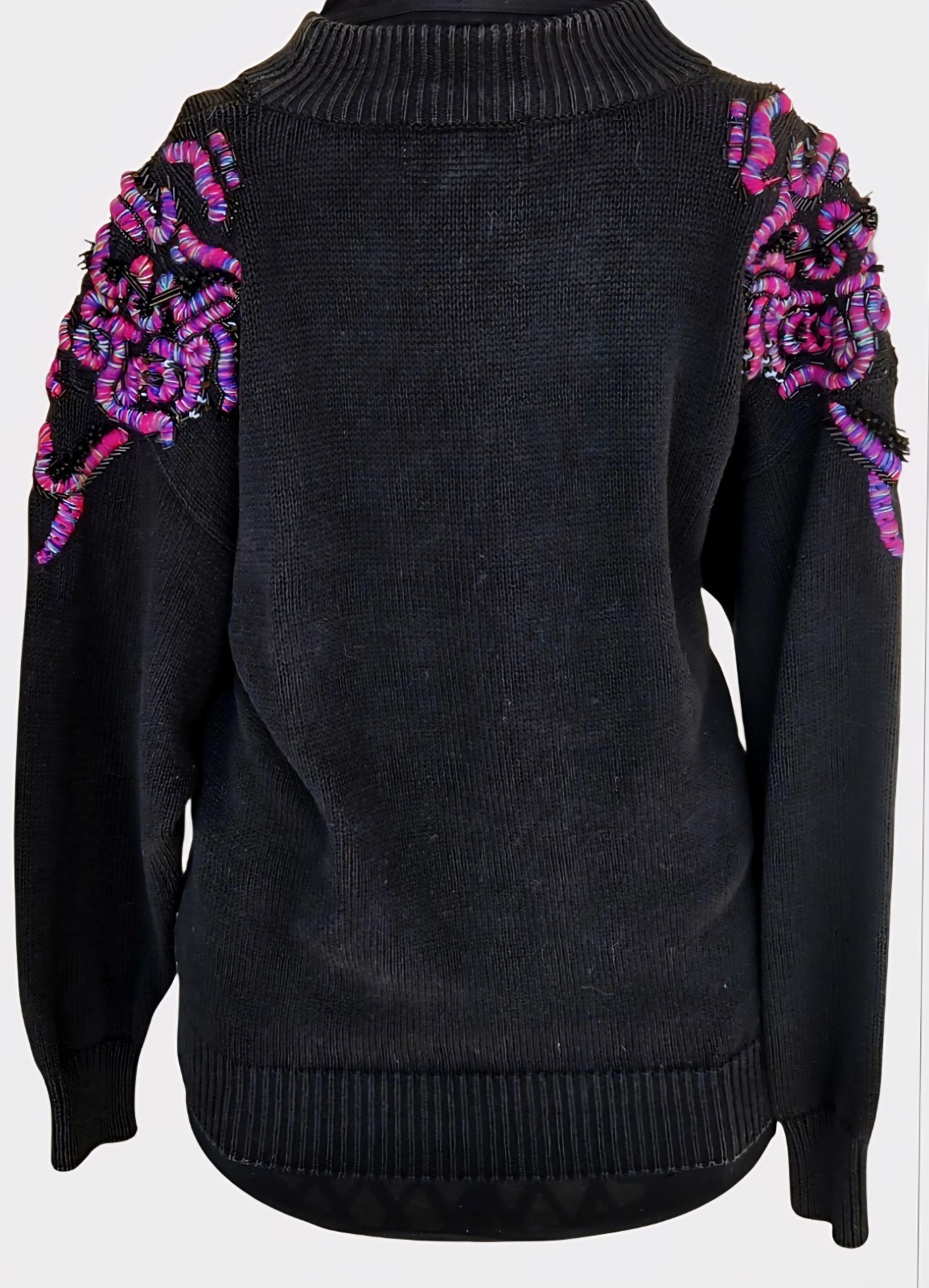1980s P.A. INTERNATIONAL Black Multi-Color Embroidered Beaded Sequined Sweater M
