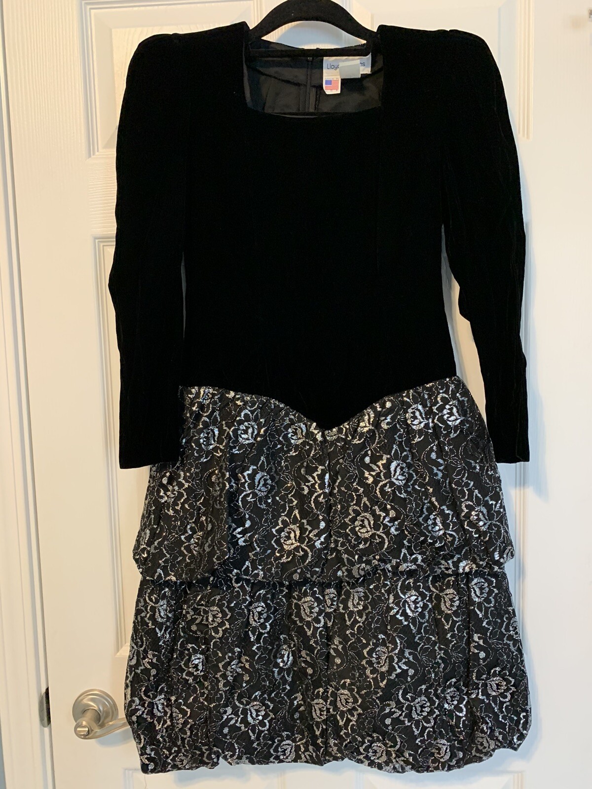 Vintage 80s Lloyd Williams Black Velvet Layered Silver Lace Ruffle Party Dress