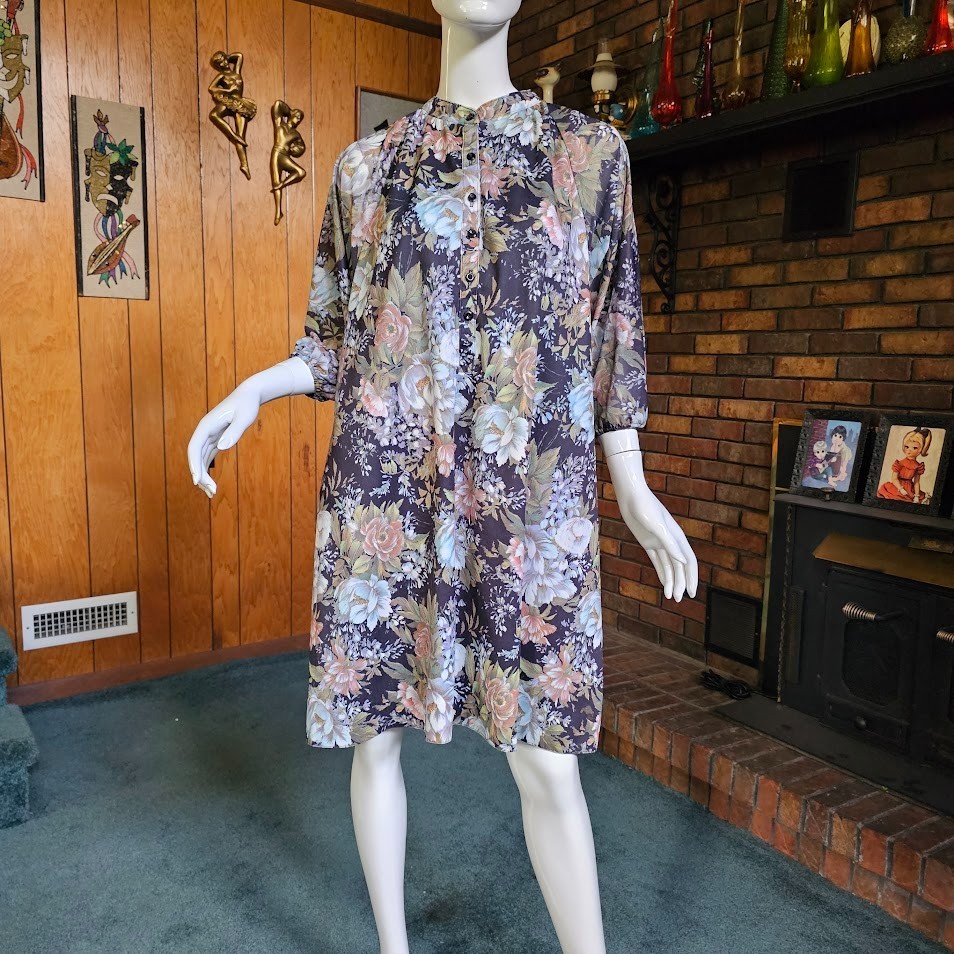 Vtg 70s Plus Size Boho Impressionist Floral Caftan Hippie Hostess Dress 1X/2X/3X