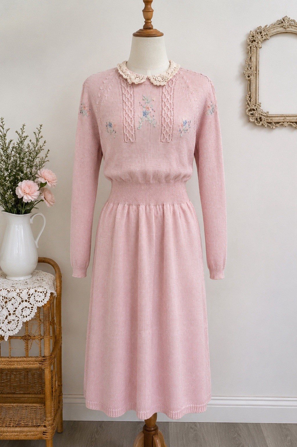Vintage 1980’s Plain Jane Espirit Pink Embroidered Sweater Dress – Large